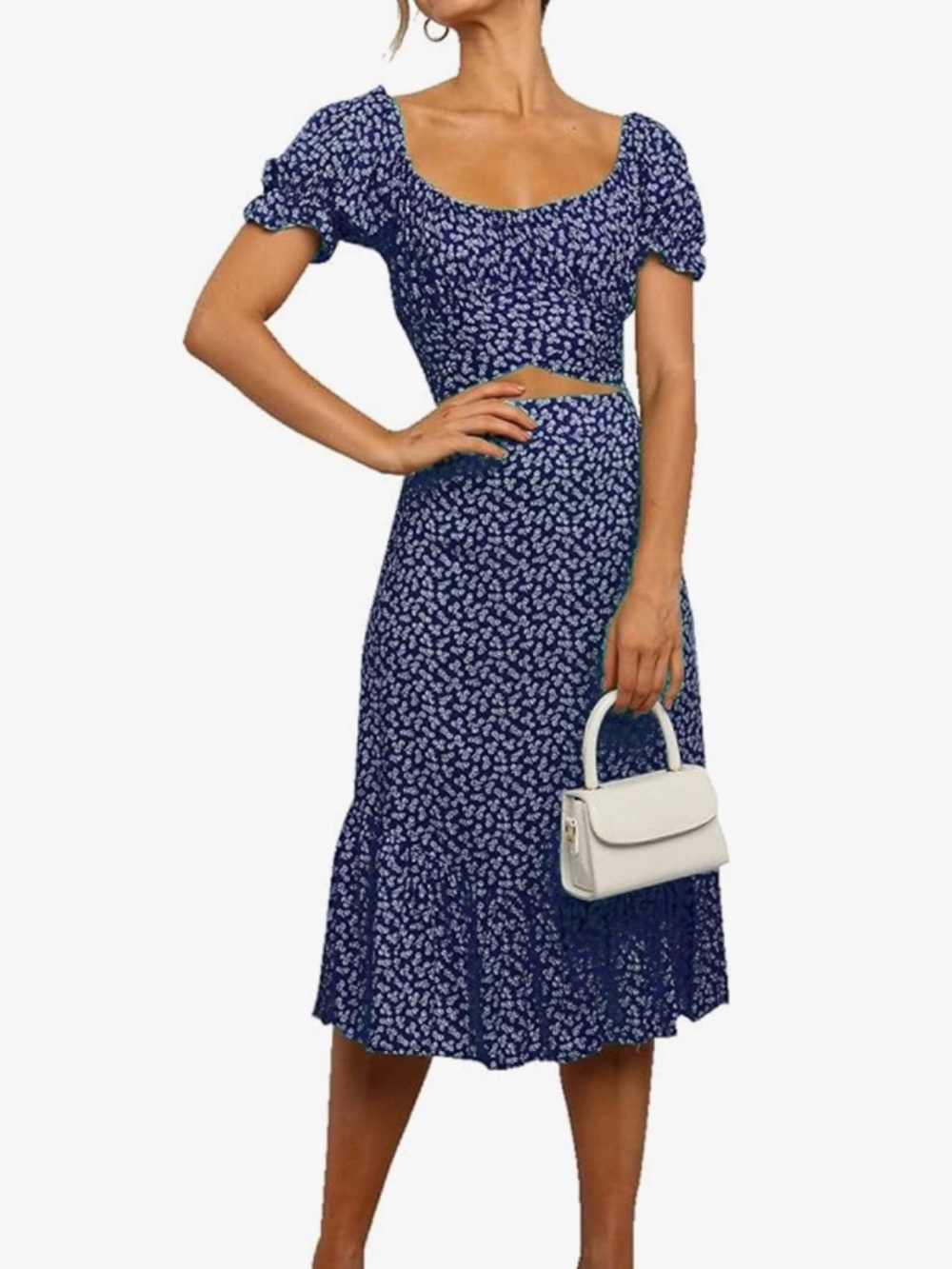 Navy Blue Floral Two-Piece Midi Skirt and crop top Set